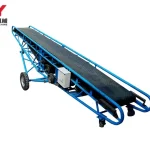 Inclined belt conveyor on a wheeled support frame
