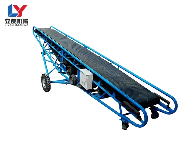 Inclined belt conveyor on a wheeled support frame