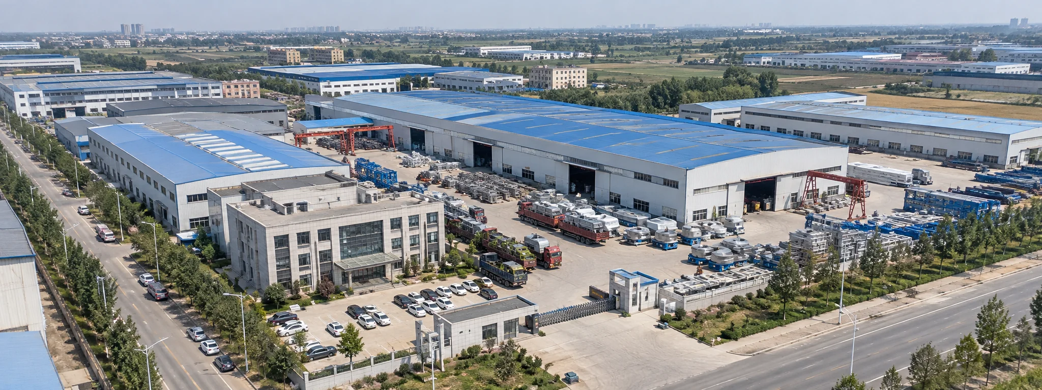Aerial view of a blue-roof industrial park