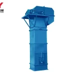 Blue enclosed bucket elevator with an upper discharge housing