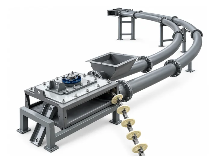Illustration of a curved pipe chain conveyor layout