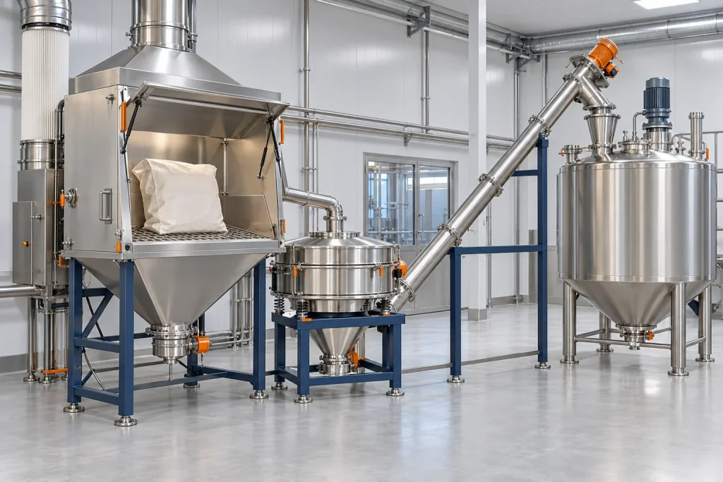 AI-generated application concept of flour bag tipping, sifting and enclosed transfer