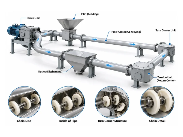 Illustration of a horizontal pipe chain conveyor circuit and components
