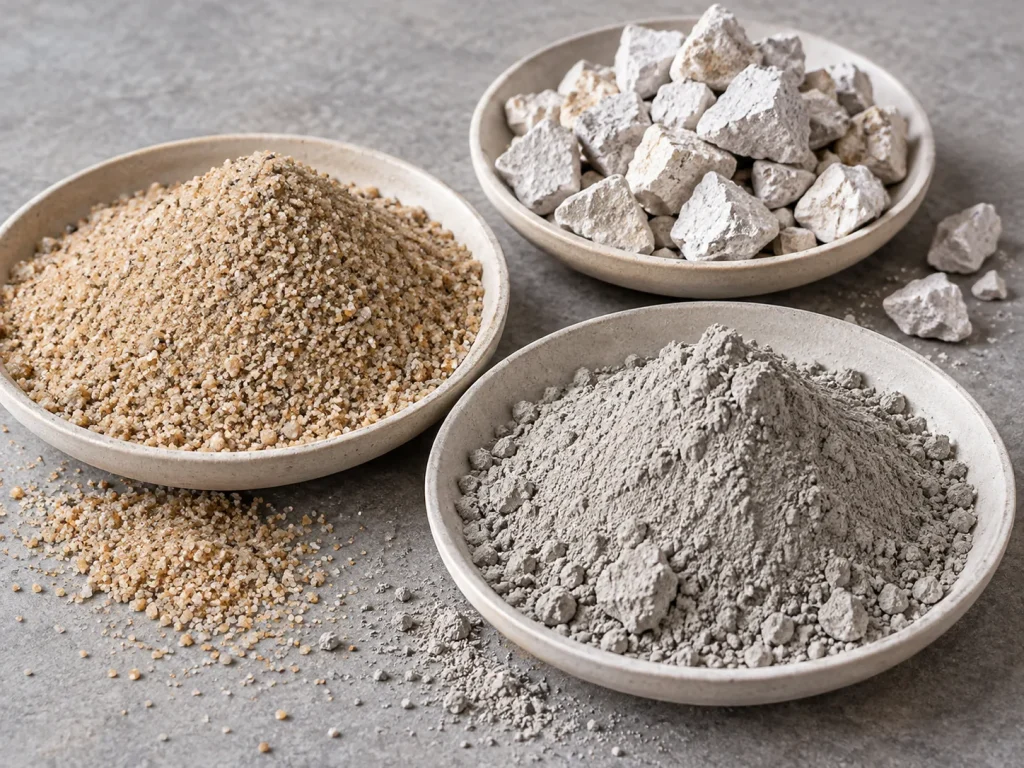 Illustrative sample of sand limestone and dry mortar ingredients