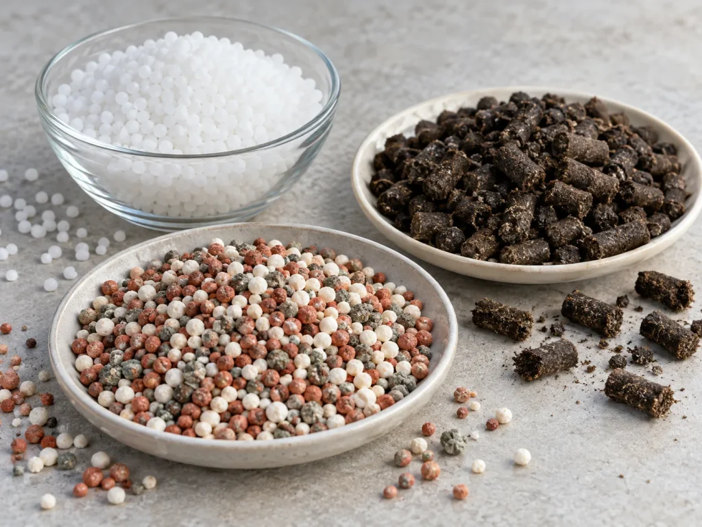 Illustrative sample of fertilizer granules and pellets
