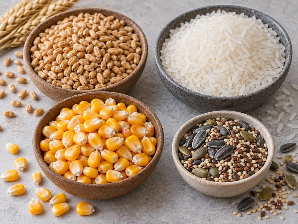 Illustrative sample of wheat rice corn and seeds
