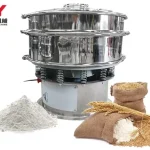 Rotary vibrating screen shown beside grain and powder samples