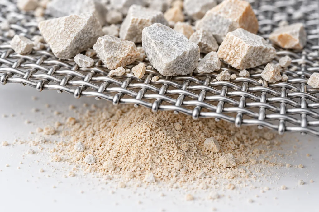 Concept illustration of mineral particles on woven screening mesh