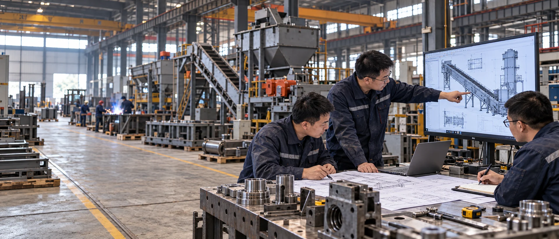 Engineers reviewing bulk material conveying equipment drawings in an industrial workshop