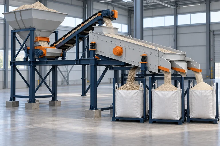Hình minh họa AI: Sàng và phân cấp cát silica
