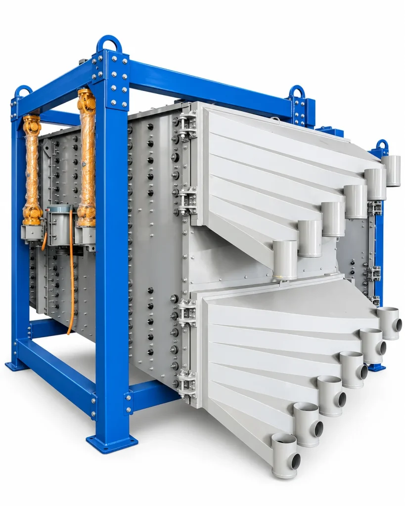 Square gyratory screen with dual deck stacks and separate discharge outlets