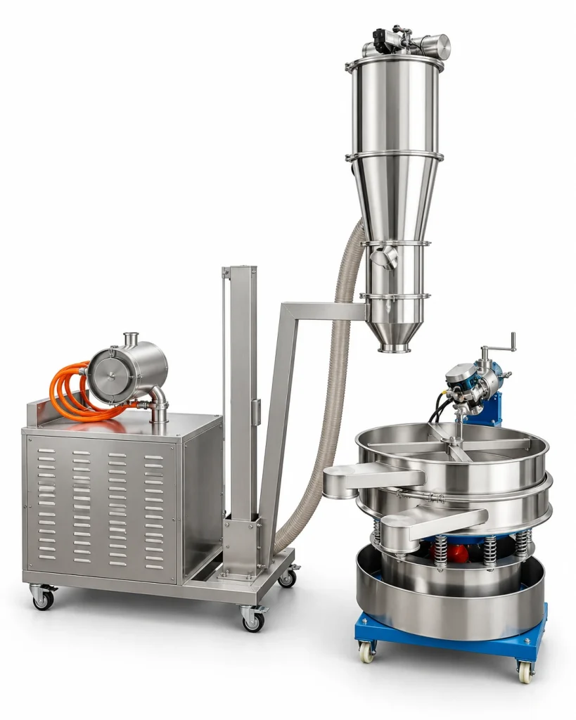 Vacuum feeding and rotary vibrating screen assembly